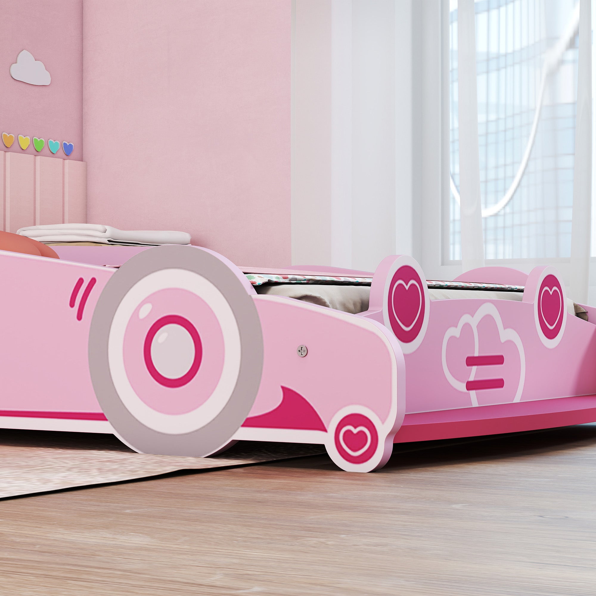 Letto per Bambini da 3-5 Anni 140x70 cm a Forma di Macchina con Sponde Rialzate di Sicurezza Rosa