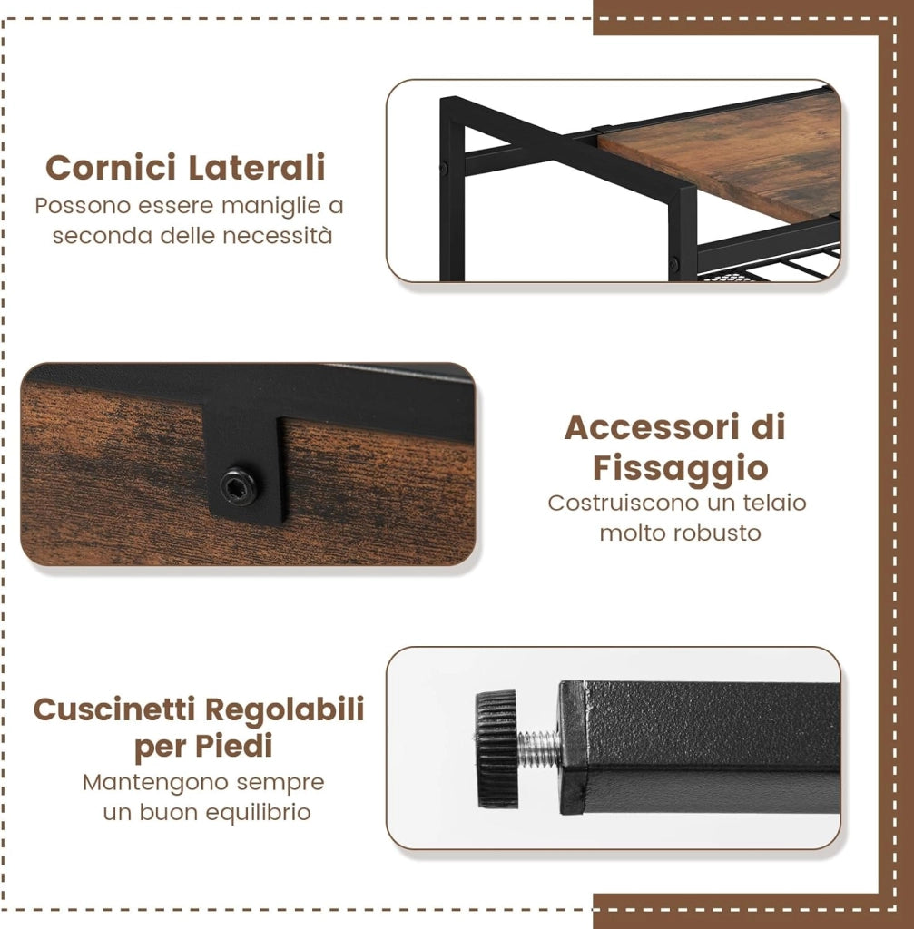 Tavolino Basso da Divano a 3 Livelli con Struttura in Metallo, Pannello Rimovibile, Ripiano in Rete e Piedini Regolabili, Tavolino Industriale da Salotto, Ingresso e Studio