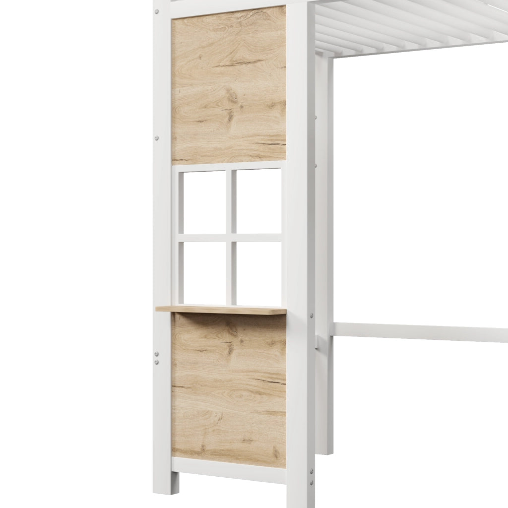Letto a soppalco 90x200 cm con scala contenitore; finestra; spazio libero sottostante e parapetto; metallo bianco