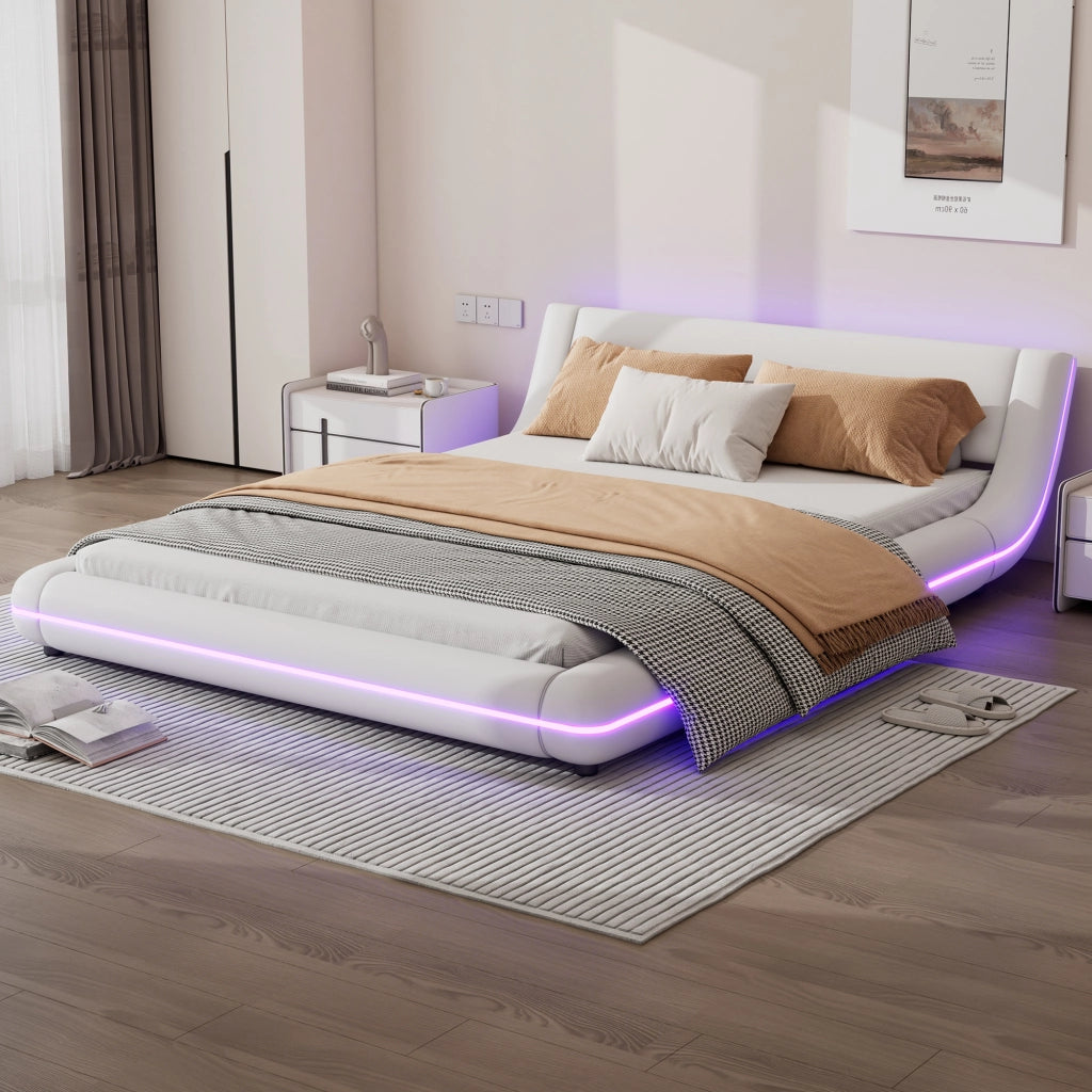 Letto basso in PU con LED ambiente, 140x200 cm, bianco