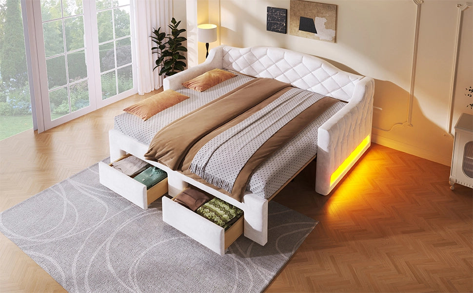 Daybed imbottito con 2 cassetti e LED, 90x200/180x200 cm, bianco
