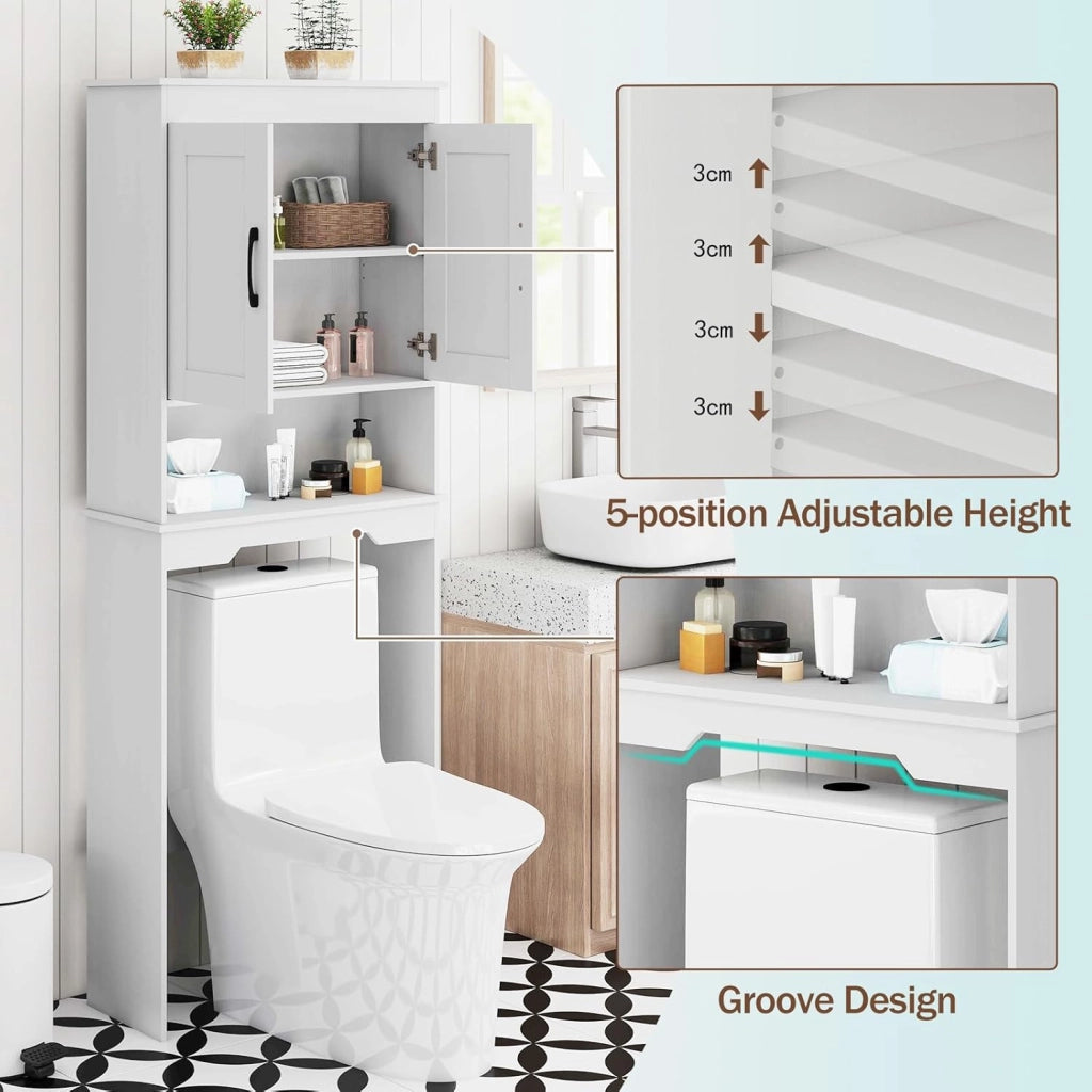 Armadietto per WC con doppia ante, ripiano aperto e ripiano interno regolabile in 5 livelli, armadietto da bagno sopra la toilette, per bagno e lavanderia, 63 x 24 x 168 cm