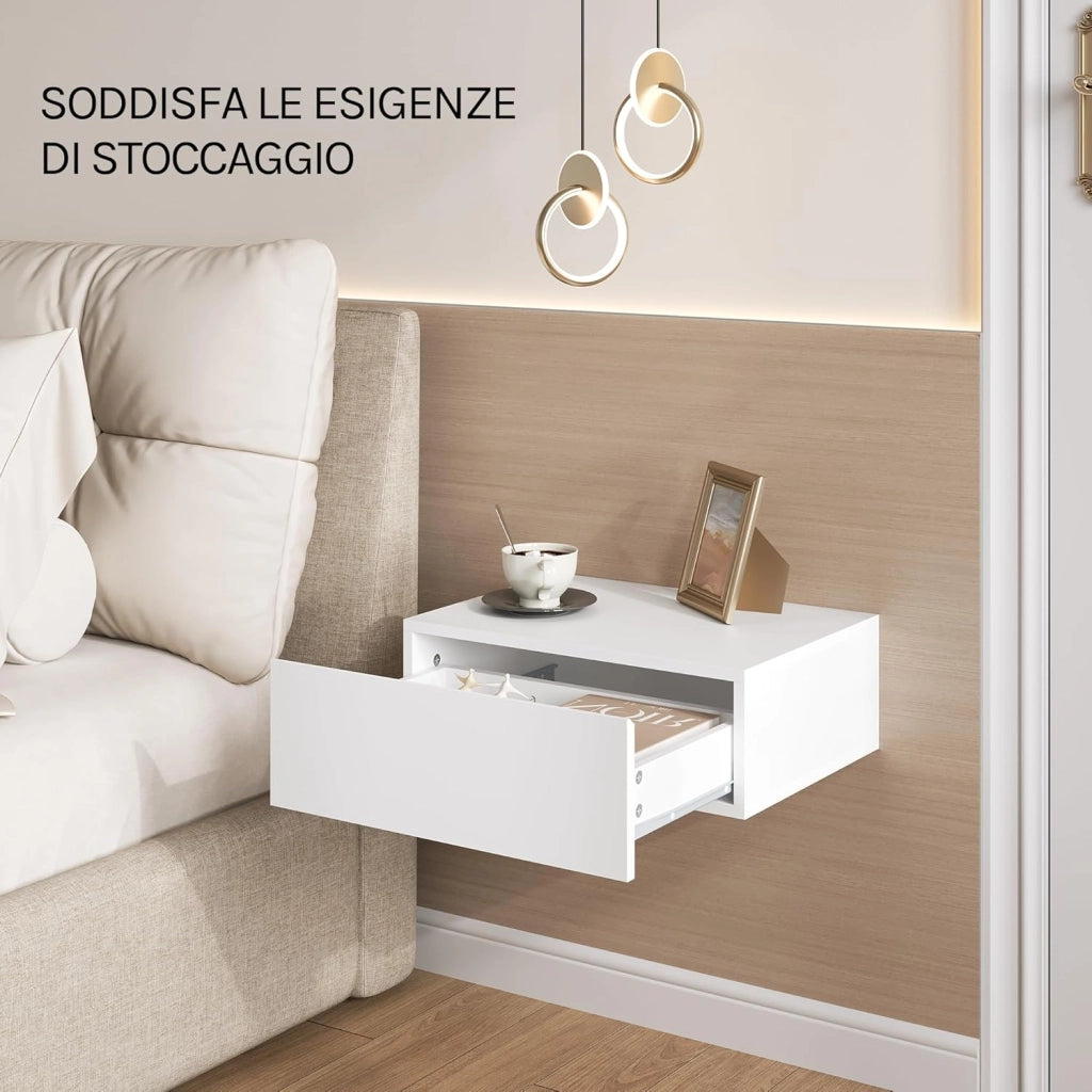 Set di 2 Comodini Sospeso con Cassetto, Comodino Galleggiante, 40x30x14 cm, Comodino a Parete Mensola da Letto, Mobili per Camera da Letto in Legno, Salvaspazio, Moderno, Bianco, NTS24ws-2