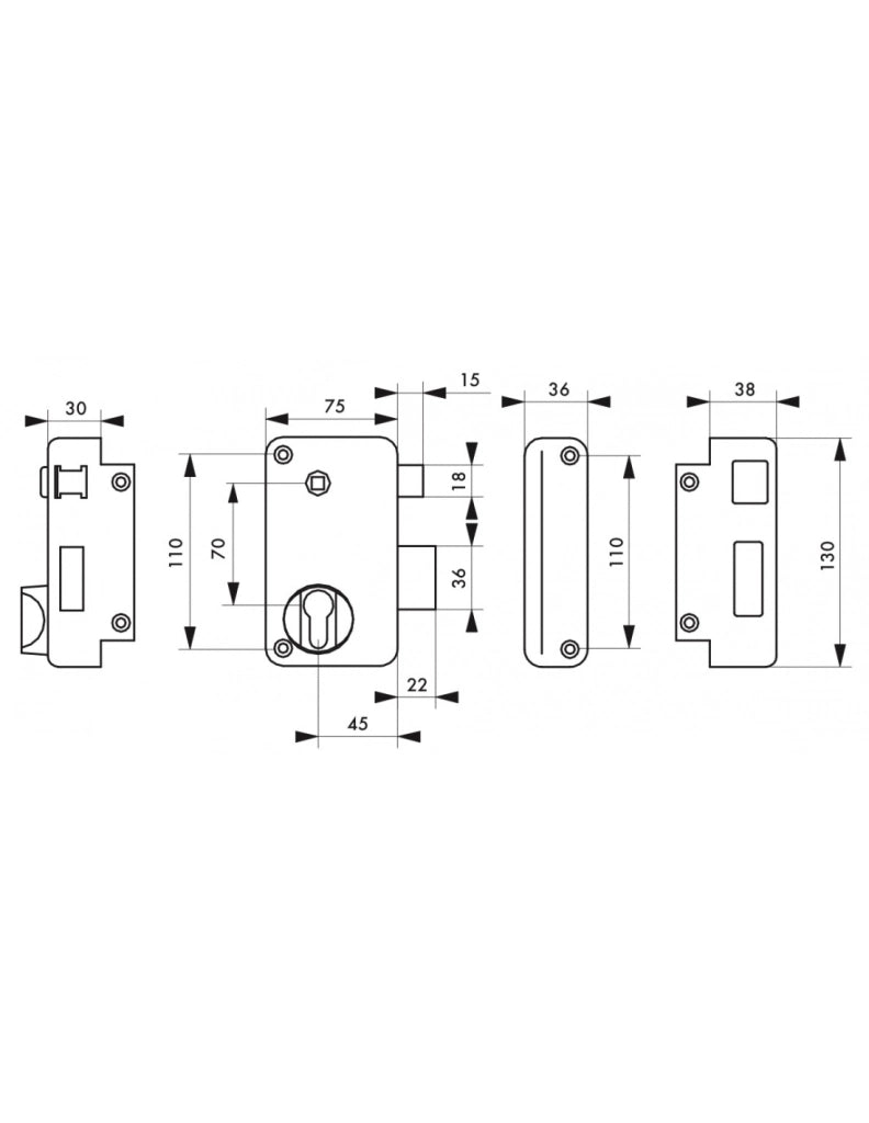 Cassa serratura CP con quadro maniglia 75 x 130 mm, destra, versione a spingere – THIRARD