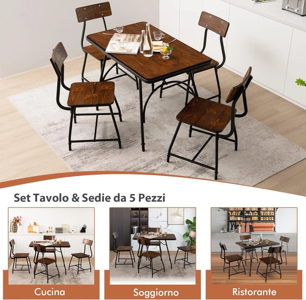 Set Tavolo e 4 Sedie da Pranzo, Set da Pranzo in Stile Industriale con Struttura di Metallo, Set Tavolo Rettangolare per Cucina Ristorante, Marrone (Set Tavolo e 4 Sedie)