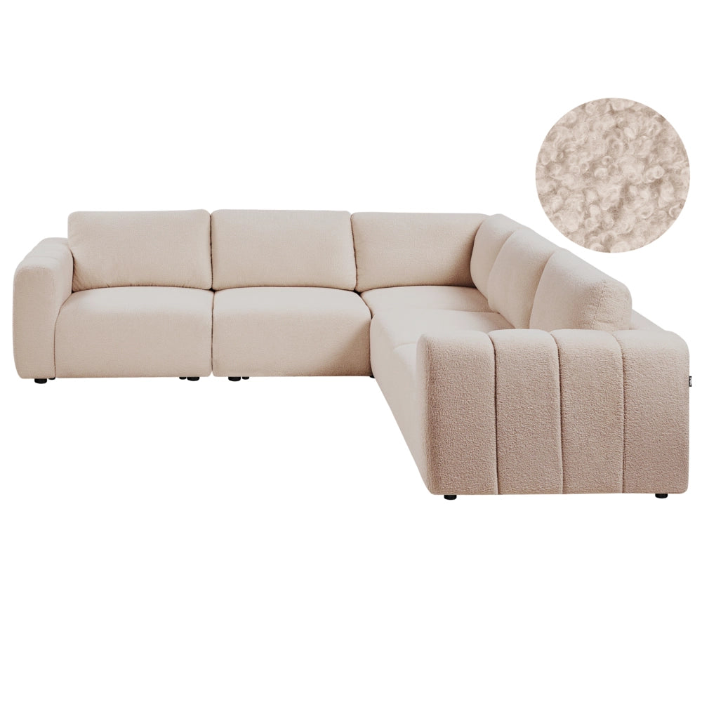 Divano a 5 posti in tessuto bouclè modulare bouclè beige lato sinistro stile minimale moderno