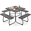 Set Tavolo da Picnic Quadrato con Panche per 8 Persone, Tavolo da Picnic con 4 Panche e Foro per Ombrellone, con Telaio in Metallo, Ogni Panca Portata 225 kg, per Giardino, Cortile (Nero)