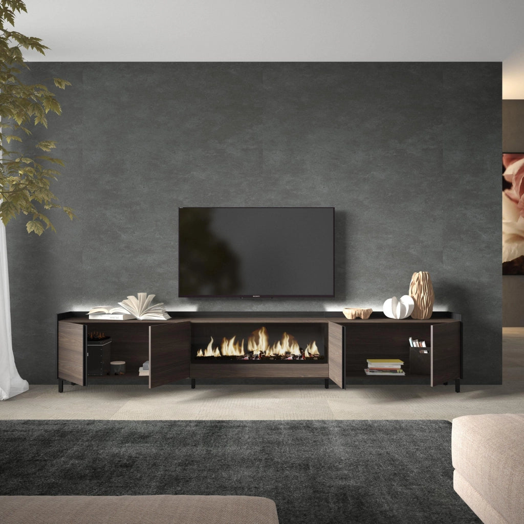 Mobile TV Soggiorno, 315x61x35 cm, Per TV fino a 80", Camino elettrico XXL, Design industriale, LED, Rovere scuro e Nero