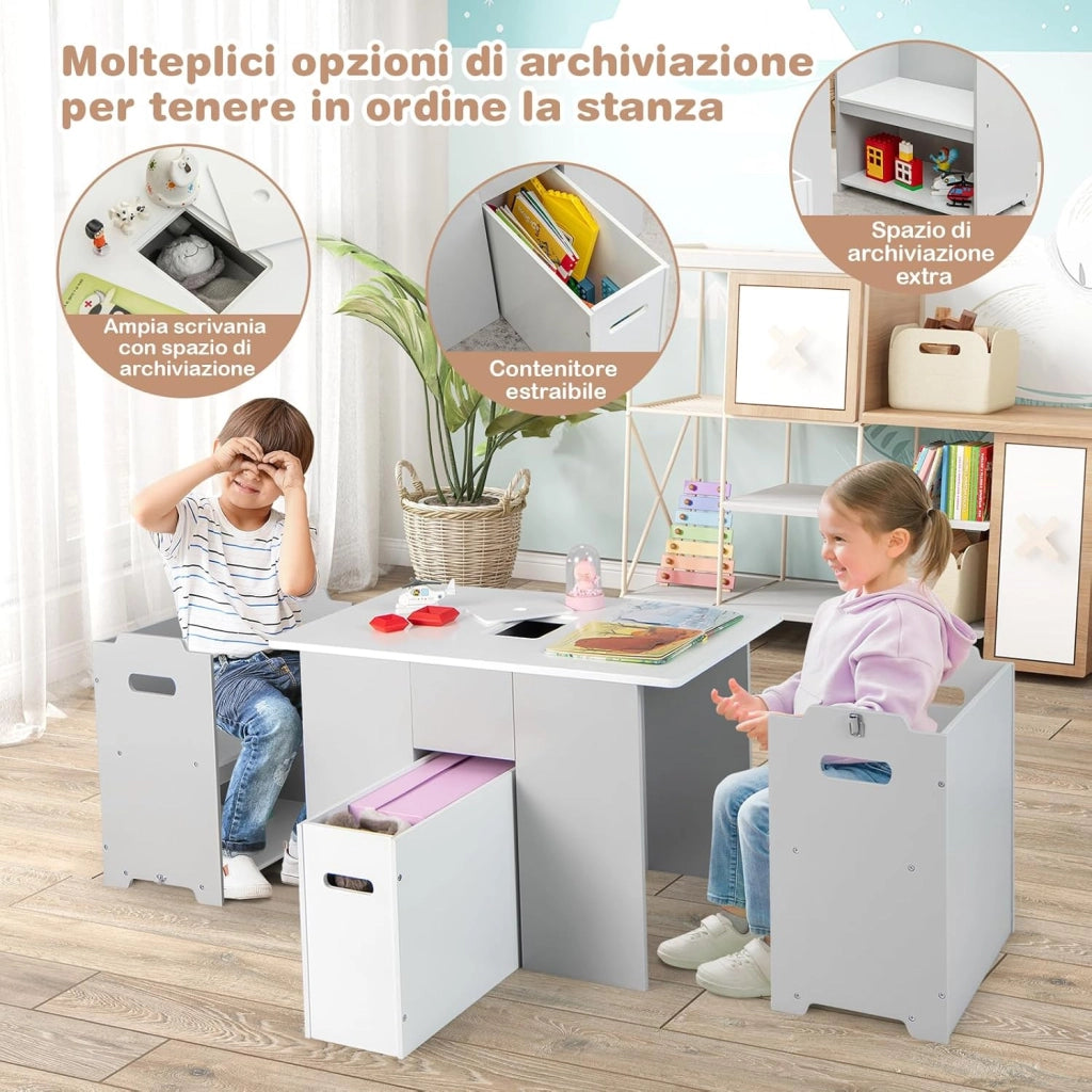 Set di Tavolo e Sedie per Bambini 4 in 1, Tavolo di Attività per Bambini con 2 Sedie Impilabili Coperchio Rimovibile e Contenitore, per Imparare Giocare Disegnare, Adatto a bambini dai 3 anni+