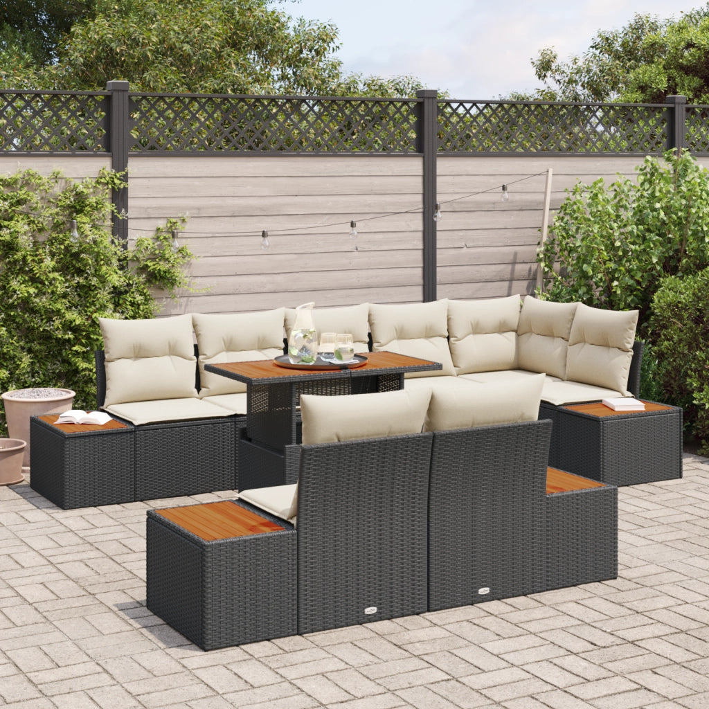Set da pranzo da giardino 9 pezzi con cuscini nero in polyrattan e acacia