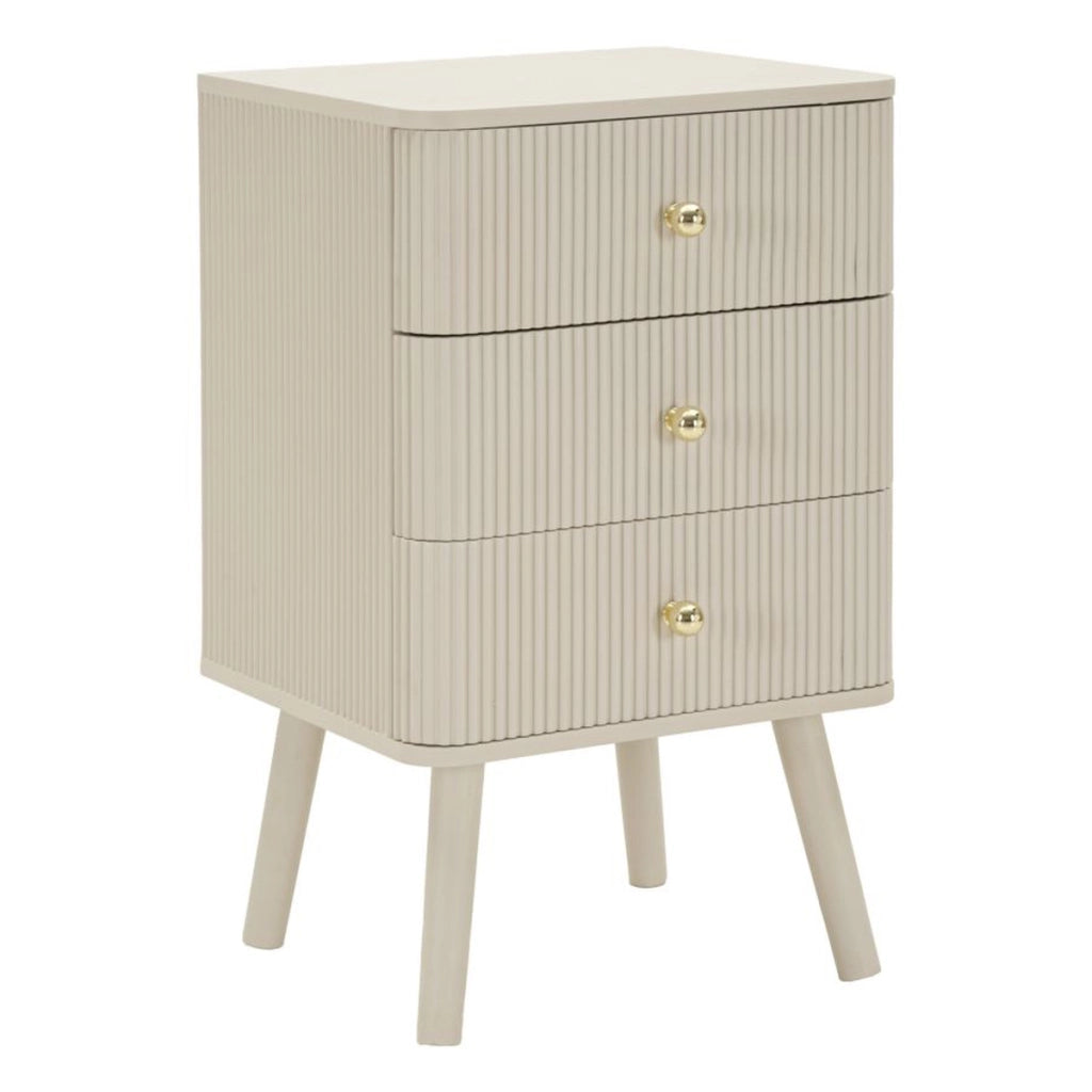 Comodino Shy a 3 cassetti in legno bianco e dettagli oro