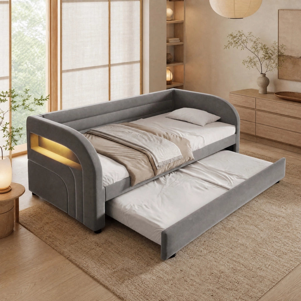Letto imbottito 90x200 cm con letto estraibile e LED