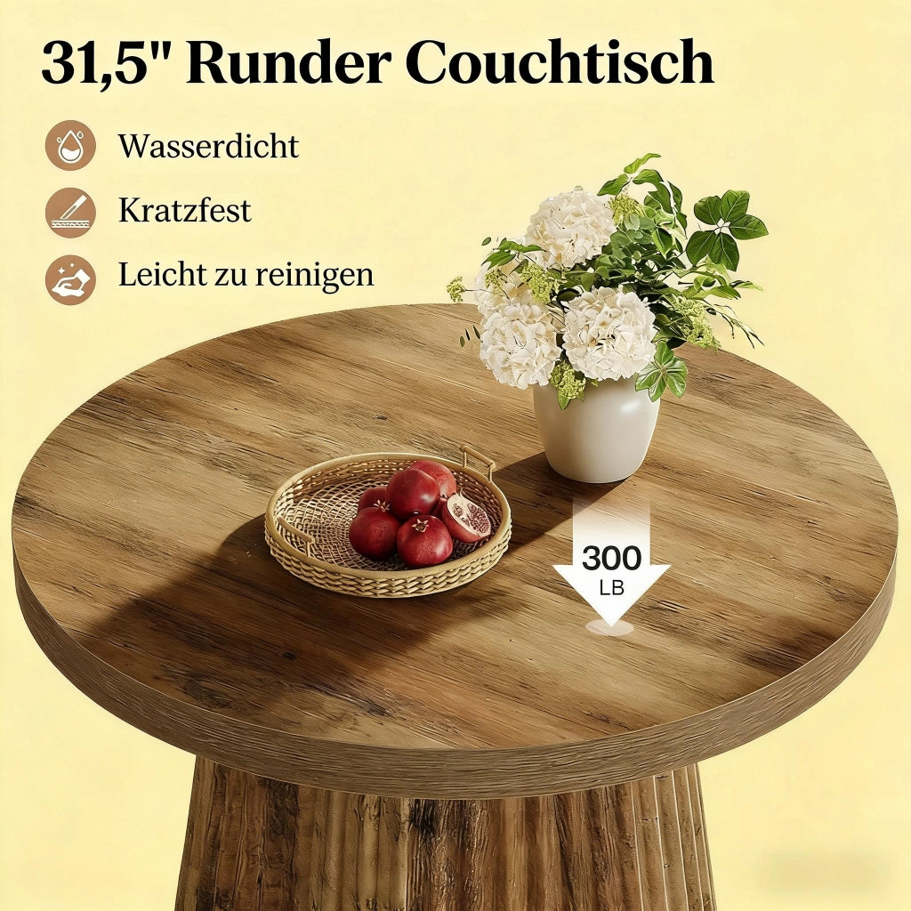 Tavolino basso rotondo con base a colonna scanalata in MDF marrone, piano da 80 cm, per soggiorno