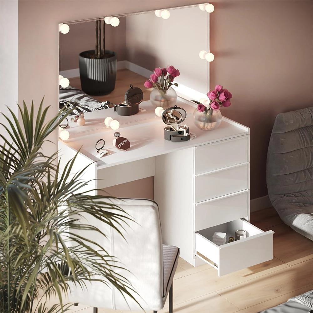 Tavolo da toeletta Viktoria, Bianco, 110 cm con specchio e illuminazione a LED, porta un tocco moderno all’ambiente