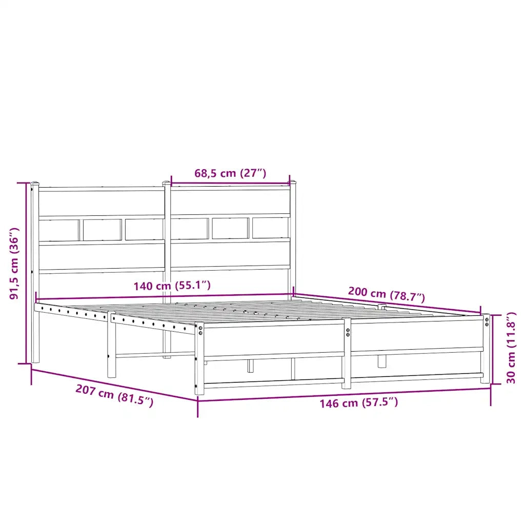 Letto matrimoniale | Letto per adulti | Giroletto senza Materaso in Metallo Rovere Sonoma 140x200 cm