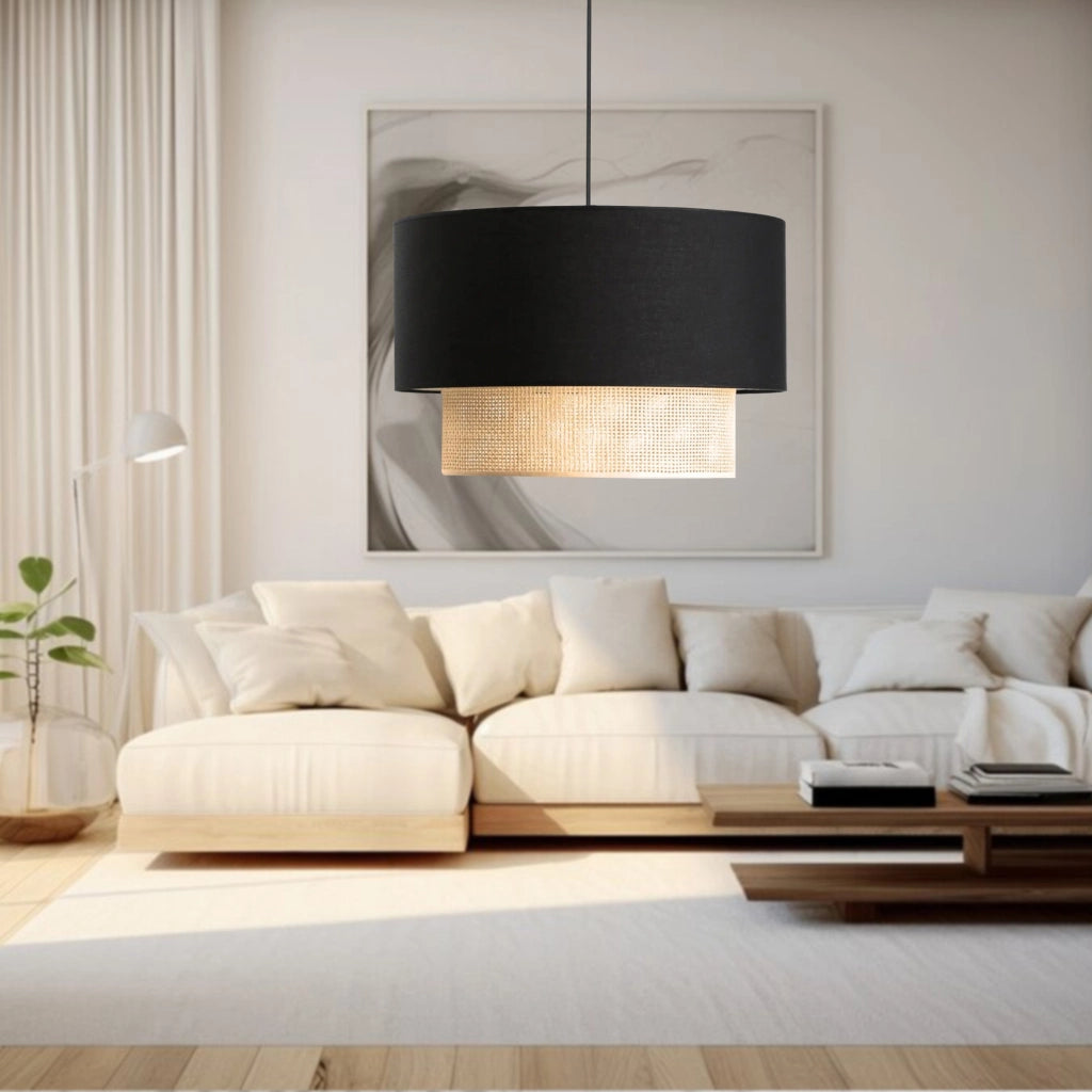 Lampada a Sospensione 'Loughborough' Lampada da Soffitto con Paralume a Doppio Cilindro Lampadario con Abat-jour in Tessuto - Nero / Giallo - lux.pro