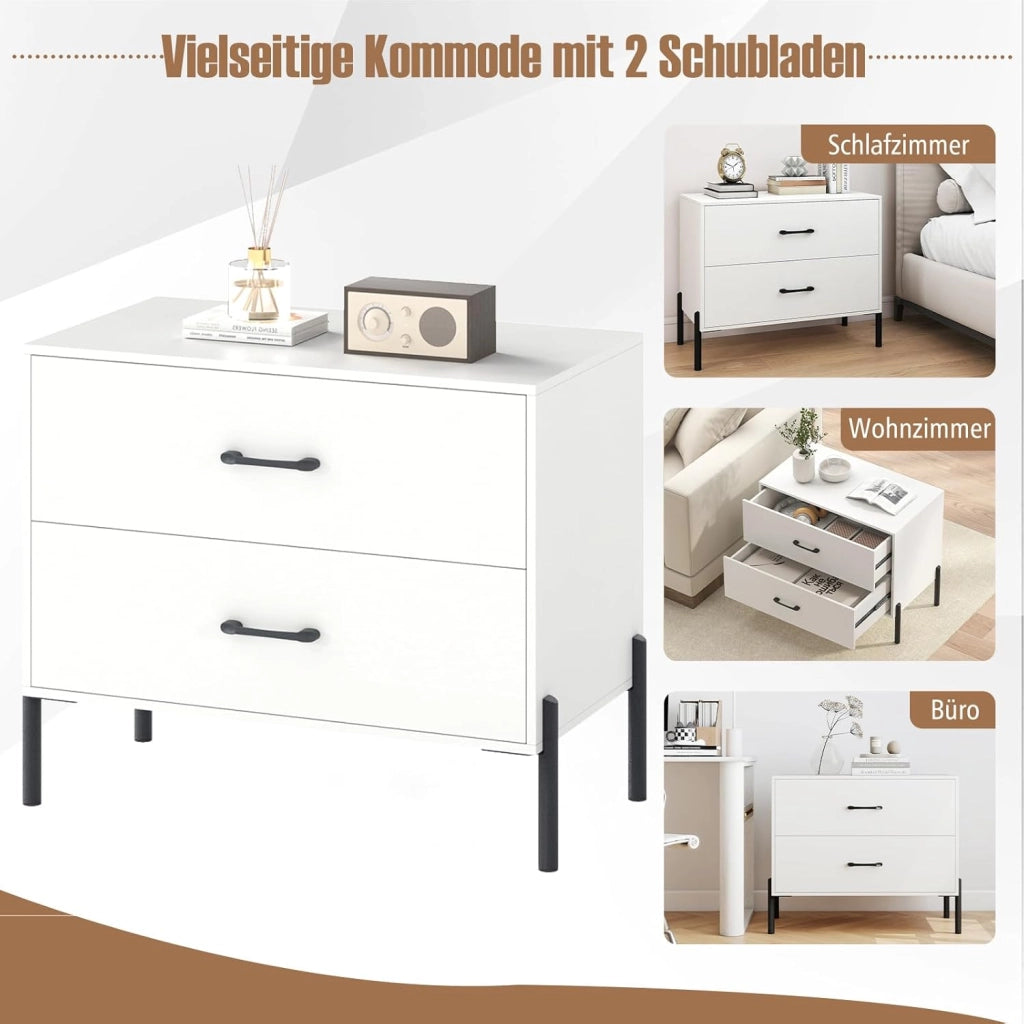 Comodino, piccolo comò con 2 cassetti, comodino in legno con gambe in metallo, protezione antiribaltamento, tavolino salvaspazio con spazio per corridoio, soggiorno, camera da letto, 71 x 41 x