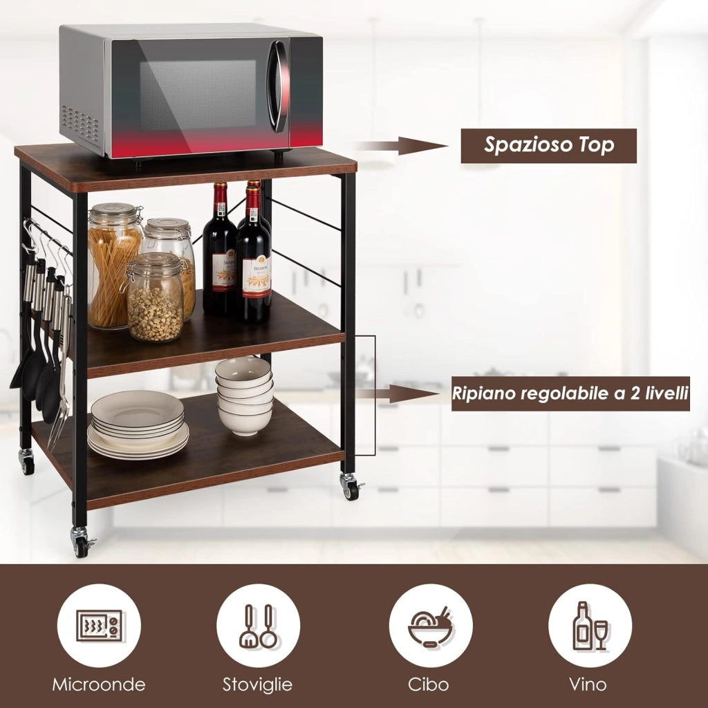Carrello da Cucina con 10 Ganci Rimovibili, Scaffale per Pasticceria con 3 Livelli, Scaffale con Struttura di Metallo con Ruote Bloccabili per Bar Ristorante Hotel, 60 x 40 x 73,5 cm (Marrone)