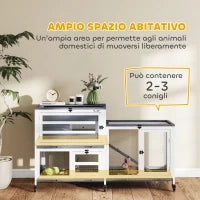 Conigliera a 2 Livelli con Rampa e 3 Vassoi, in Legno di Abete e Acciaio, 147x45x89.5 cm, Grigio e Bianco