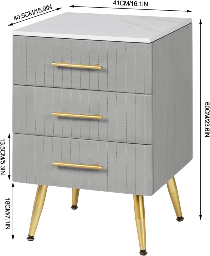 Set di 2 Comodino Camera da Letto in Velluto con Tre Cassetti, Cassettiera in Legno, Organizzatore da Letto, Gambe in Metallo, Bianco e Grigio, TS135gr-2