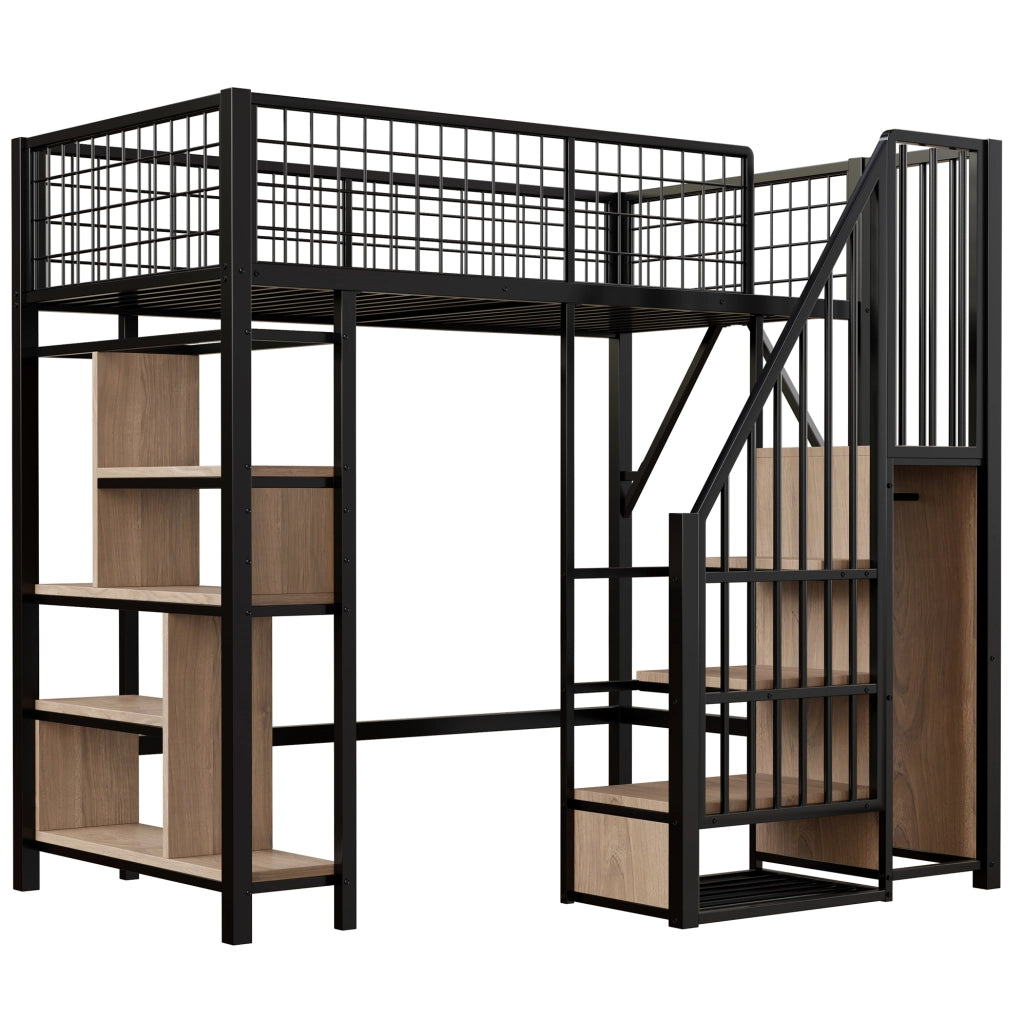 Letto a soppalco 90 x 200 cm con scala contenitore e ripiani nero