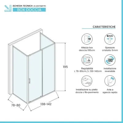 Box doccia 3 lati 80x140x80 con porta scorrevole e vetro stampato  Tay