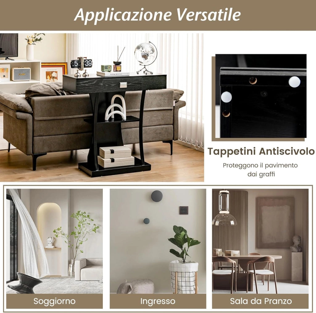 Tavolo Consolle in Legno, Tavolo Ingresso con Cassetti, Ripiani e 2 Kit Anti-ribaltamento, Tavolo Multiuso e Salvaspazio per Salotto, Camera da Letto e Corridoio, 91 x 30 x 88 cm (Nero)
