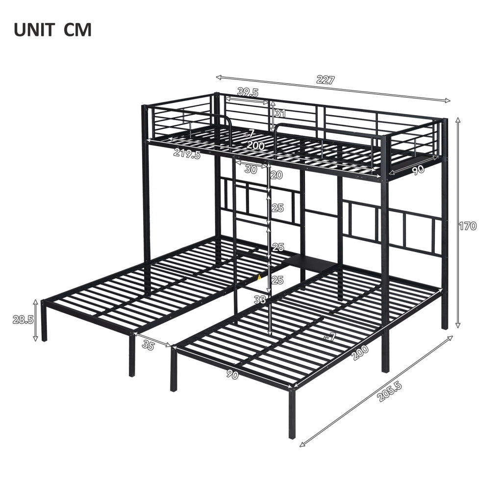 LETTO a castello triplo 90x200 cm Metallo Nero con scala e tavolo