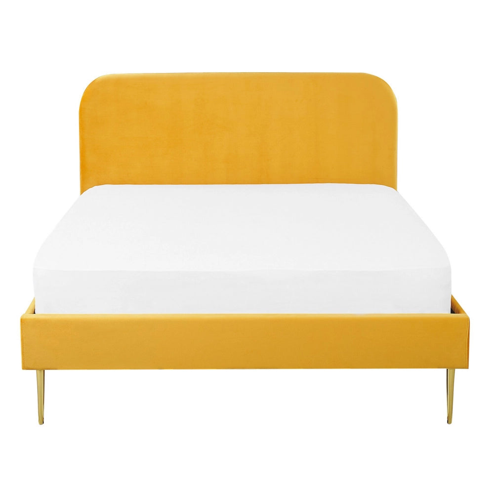 Letto in velluto giallo tappezzeria doppia dimensione gambe dorate testiera con rete a doghe 140 x 200 cm design minimalista
