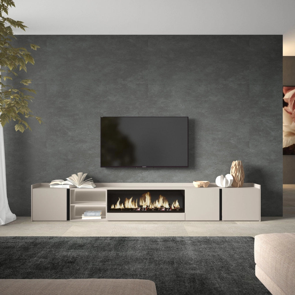 Mobile TV Soggiorno, 315x50x35 cm, Per TV fino a 80", Camino elettrico XXL, LED, Beige