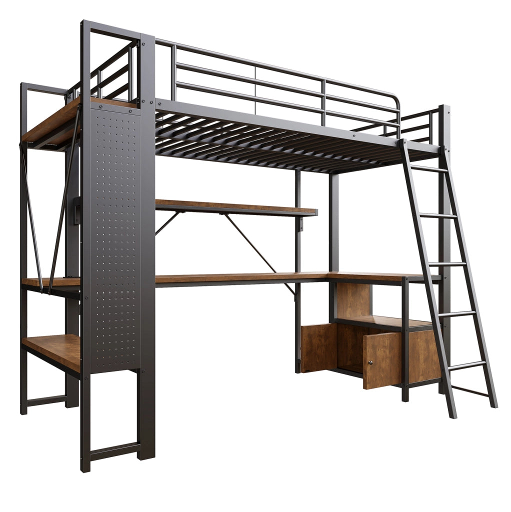 Letto a soppalco ULEVR 90x200 cm con scrivania, LED regolabile via app, USB e ripiani, nero