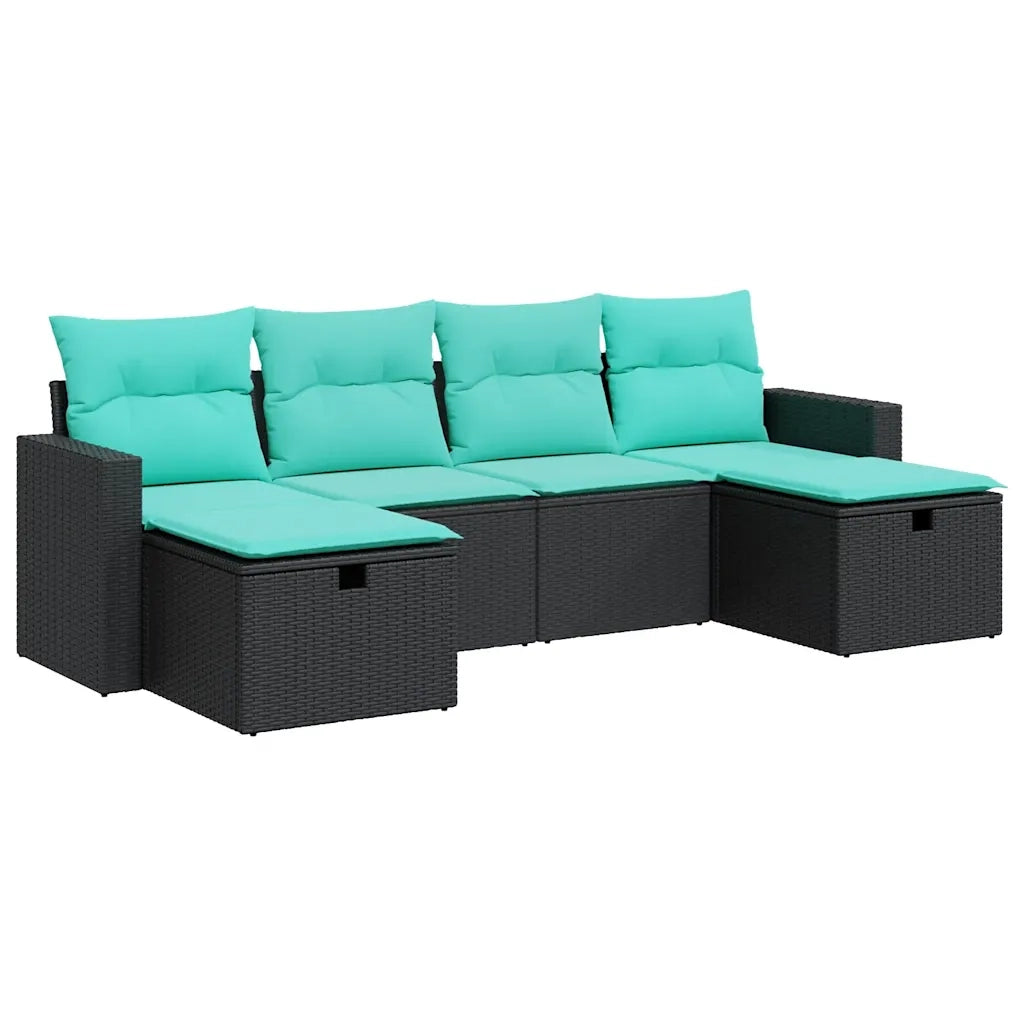 Set Divano da Giardino 6 pz con Cuscini Nero in Polyrattan
