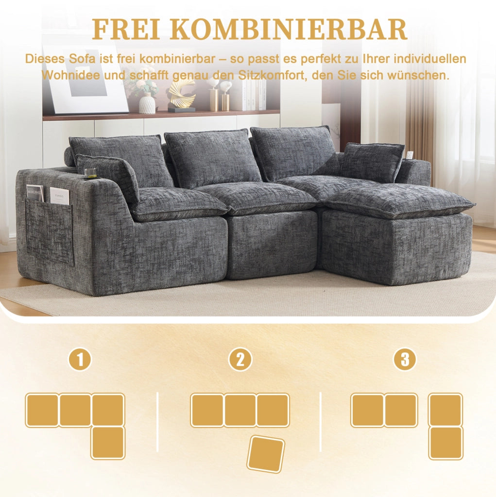 Divano modulare con pouf 256x161x75 cm in ciniglia grigio scuro