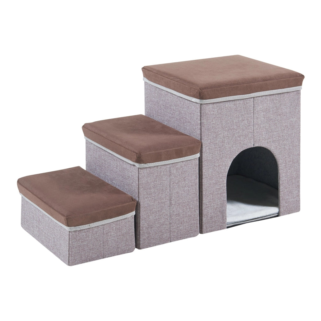 Scaletta per cani a 3 gradini 76 x 33 x 43 cm con cuccia marrone scuro/grigia 03_0009457