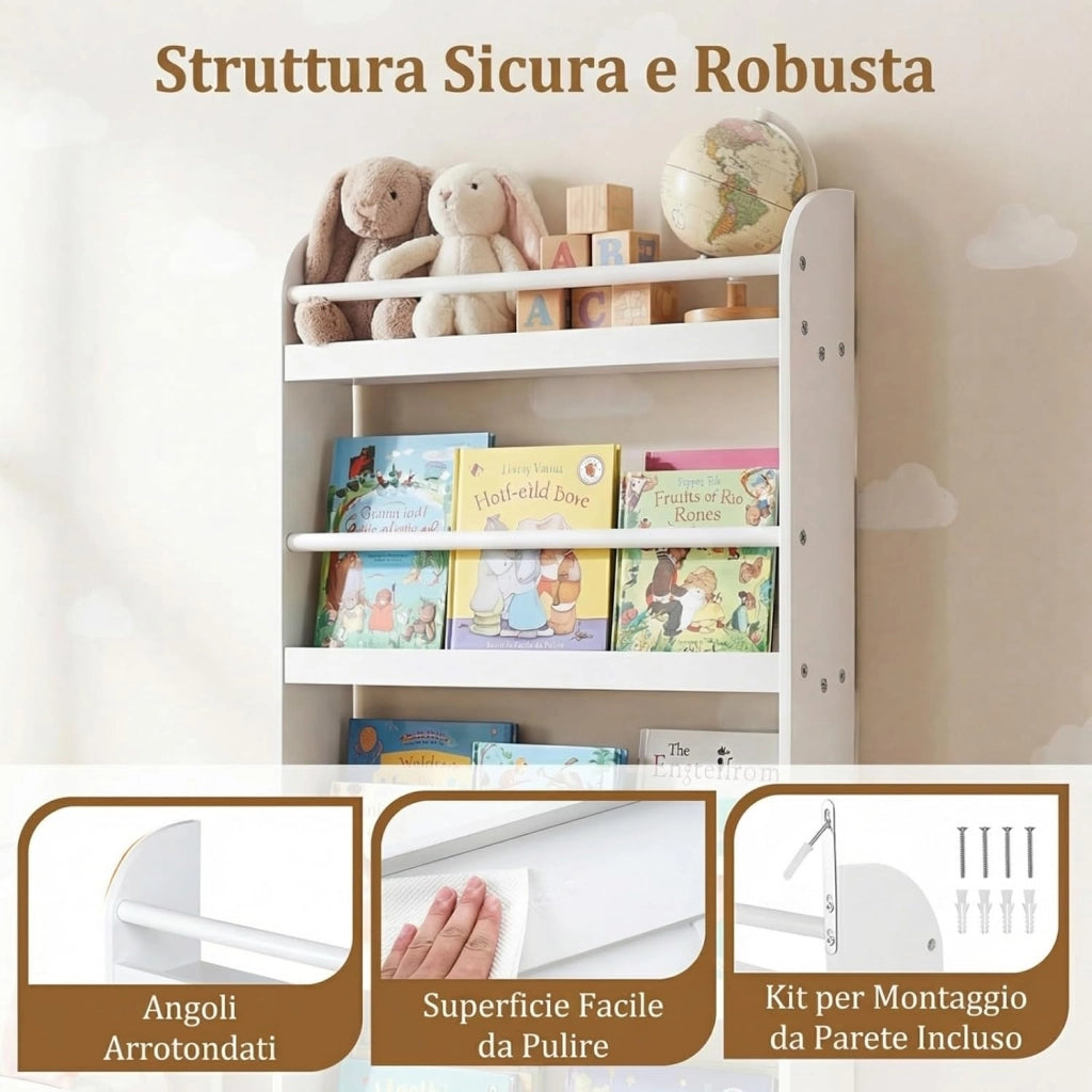 Libreria da Parete per Bambini, Scaffale Portaoggetti a 4 Livelli con Barre di Protezione e Bordi Rialzati, Libreria Salvaspazio per Cameretta per Bambini 3+ Anni, 56 x 12 x 107 cm (Bianco)