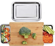 Snodo Premium Biologico per Frutta e Verdura in Bambù con Compartimenti e Trasparenti Cassetti in Acciaio Inossidabile. Dimensioni del Taglio: 42 cm x 30 cm x 4 cm. Due Cassetti di Ricarica in Acciaio Inossidabile. Ideale per Frutta, Verdura e Formaggi.