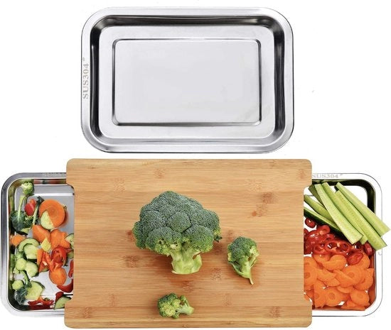 Snodo Premium Biologico per Frutta e Verdura in Bambù con Compartimenti e Trasparenti Cassetti in Acciaio Inossidabile. Dimensioni del Taglio: 42 cm x 30 cm x 4 cm. Due Cassetti di Ricarica in Acciaio Inossidabile. Ideale per Frutta, Verdura e Formaggi.