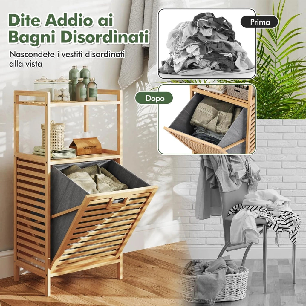 Mobiletto con Portabiancheria a 2 Ripiani da Bagno a Ribalta, Cesto per Bucato in Bambù da 43L, Cesto per Lavanderia Sporca in Tessuto Pieghevole, 43,5 x 33 x 96 cm, Naturale