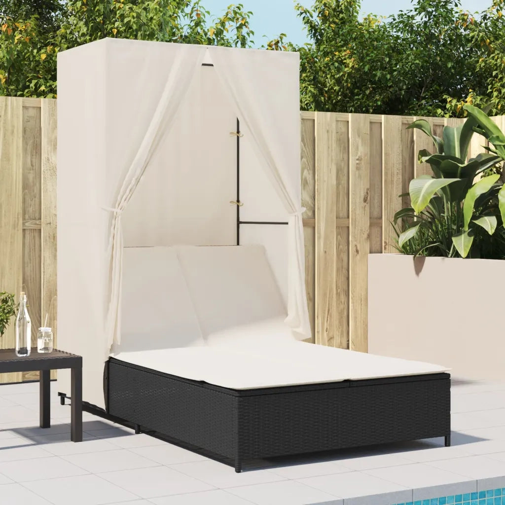 Lettino Prendisole | Sdraio da giardino | Lettino da sole con Tetto e Tende Nero in Polyrattan