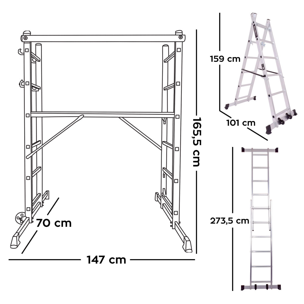RIG 100 - Impalcatura Multifunzione Trabattello 3 in 1 H165,5 cm Scala in Alluminio con Ruot