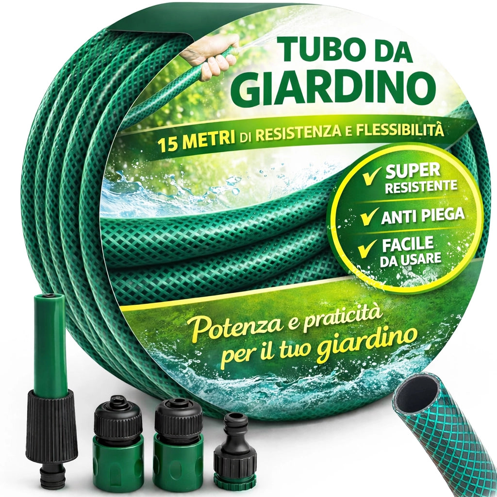 Tubo da Giardino 15 m Ø14mm per Irrigazione Max 6 bar 3 Giunti e 1 Spruzzatore