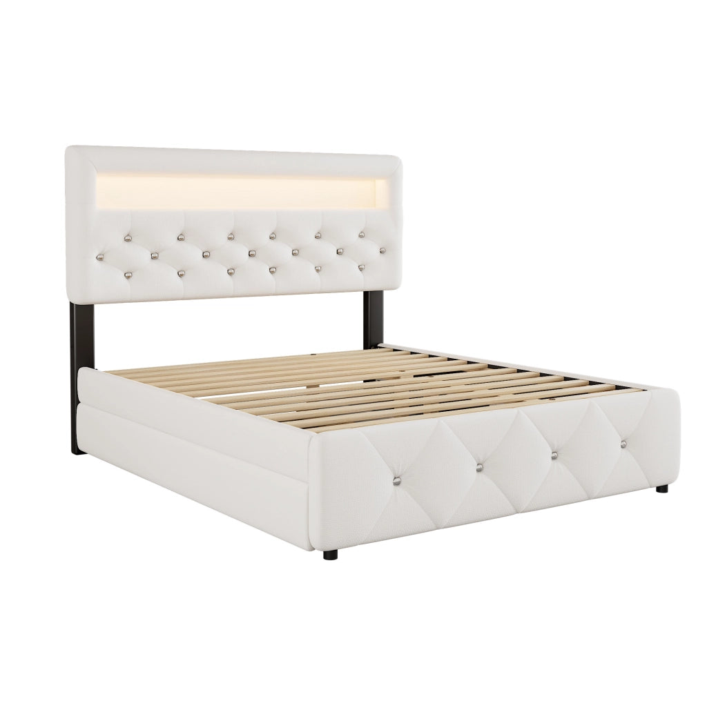 Letto matrimoniale 140x200 cm con cassetti e letto estraibile; imbottito; bianco