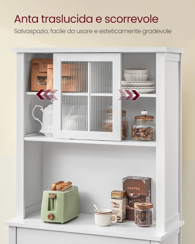 VASAGLE Credenza Cucina con Luce e Multipresa, Mobile Dispensa Cucina con Ante e Cassetto, 39,5 x 80,4 x 180,6 cm, con Ripiani Regolabili, Stile Farmhouse, Bianco Nuvola BBK363W21