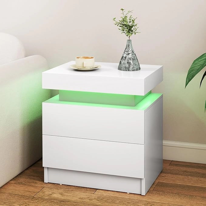 Tavolino da Salotto con 2 Cassetti e Luci a LED, Tavolino Moderno con Finitura Lucida Effetto Marmo, Comodino per Camera da Letto e Soggiorno, 45 x 35 x 52 cm (Bianco)