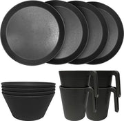 Set di plastica completo, luce e resistente, set da tavola, contenitori, bicchieri, set da picnic per 4 persone, ideale per bambini e adulti, riutilizzabile, 12 pezzi, nero