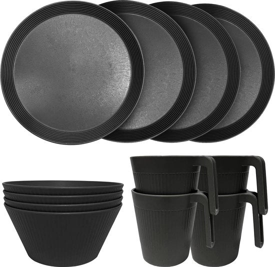 Set di plastica completo, luce e resistente, set da tavola, contenitori, bicchieri, set da picnic per 4 persone, ideale per bambini e adulti, riutilizzabile, 12 pezzi, nero