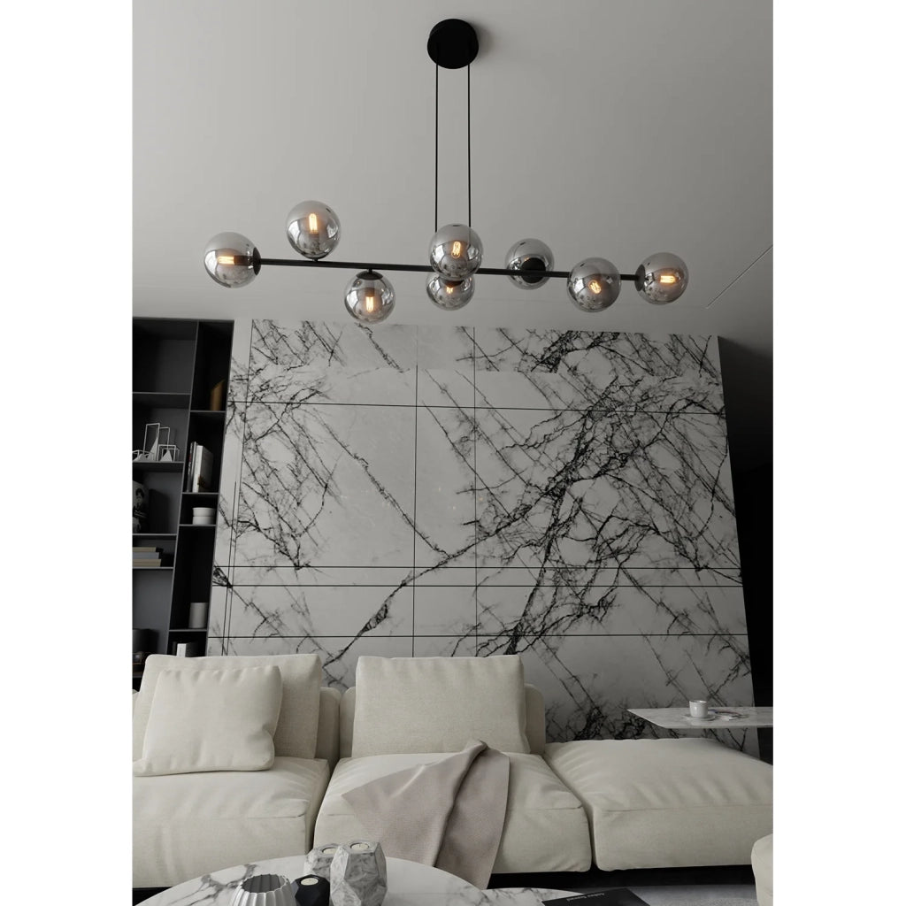 Lampadario Contemporaneo 8 Luci Durga In Acciaio Nero E Sfere In Vetro Fumè