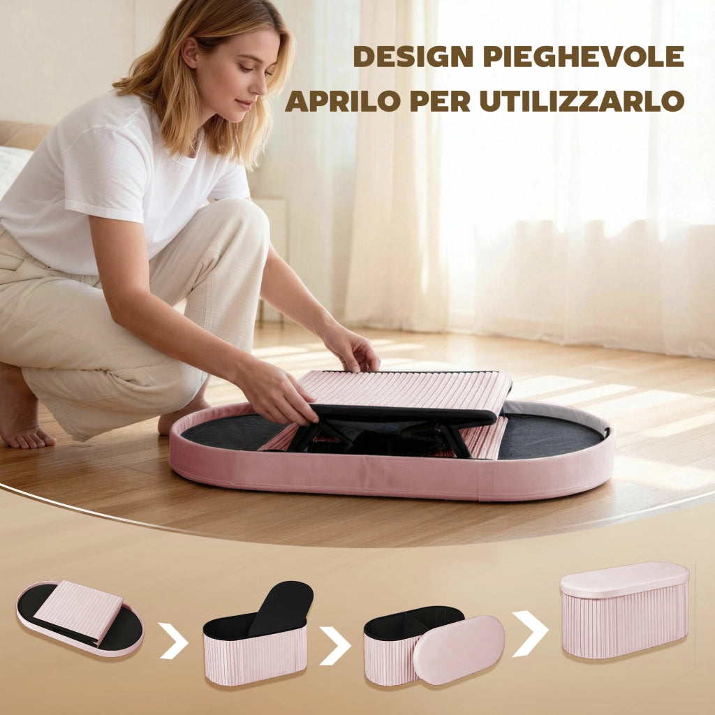 Pouf Contenitore Pieghevole 76x38x35 cm con Vano da 72L e Rivestimento in Velluto Rosa