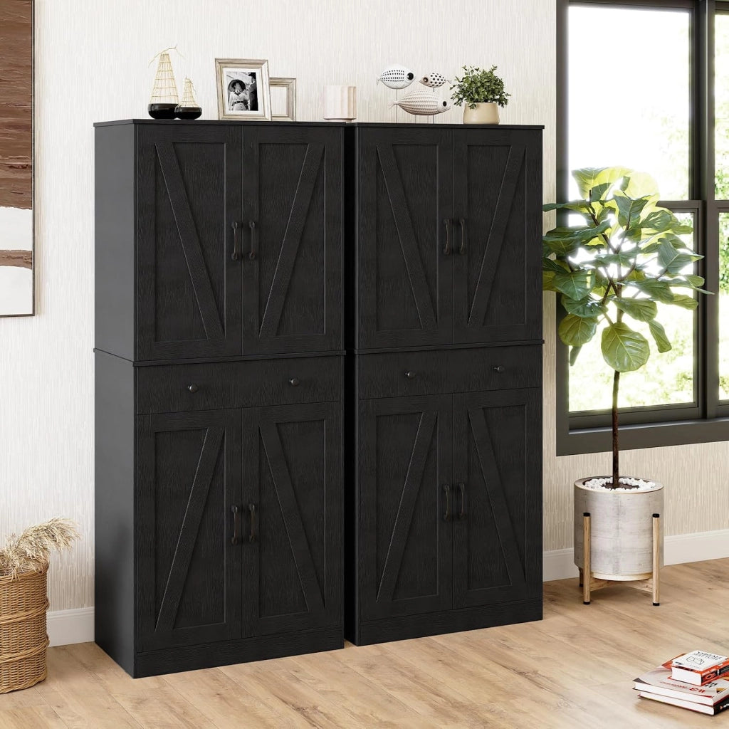 Credenza Alta da Cucina, Mobile Dispensa in Legno con 3 Ripiani Regolabili, 1 Cassette e 4 Ante, Armadio Moderno per Cucina, Soggiorno, Sala da Pranzo, 77 x 39 x 183 cm (Nero)