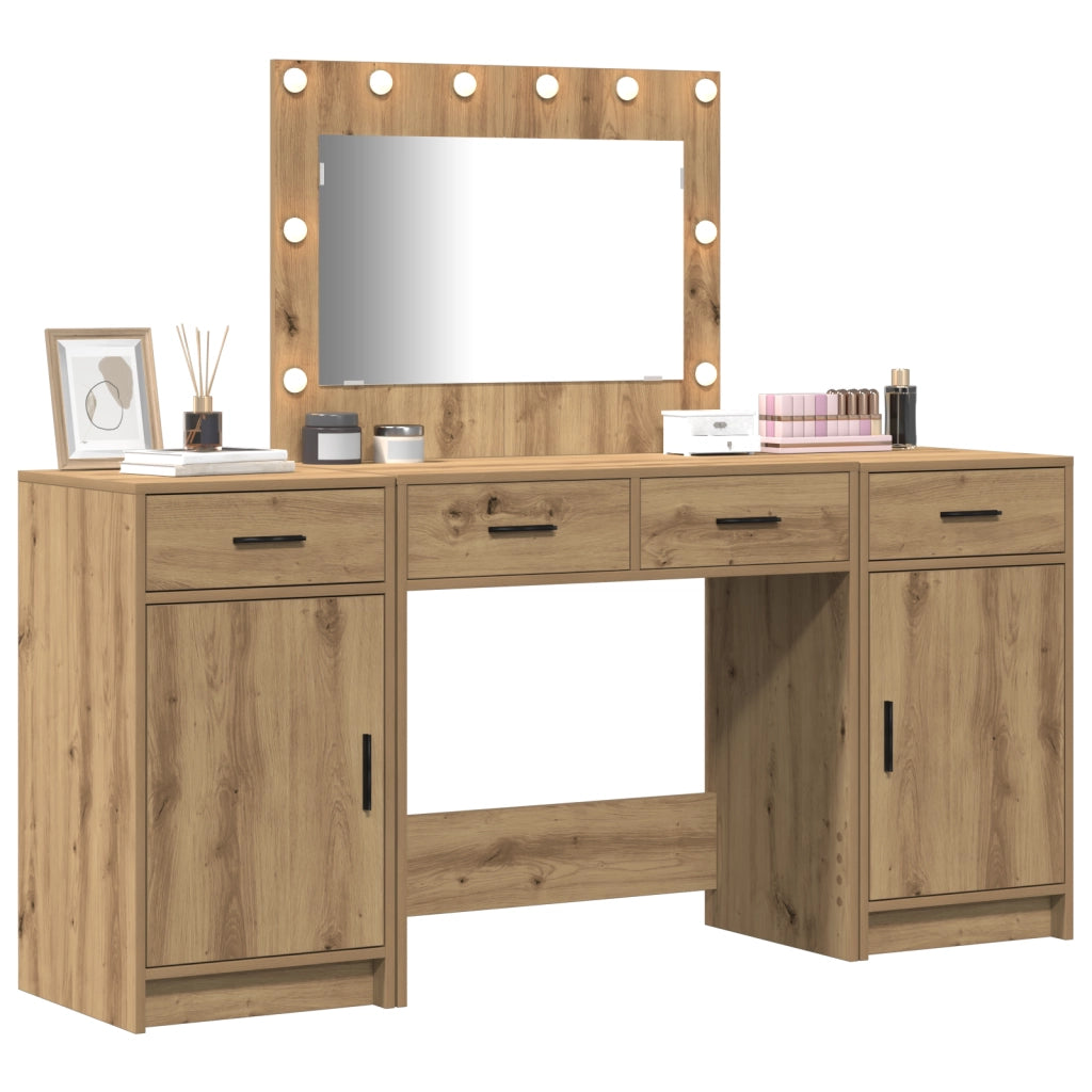 Set di Tavolo da Trucco 3 Pezzi con LED Rovere Artigianale Legno Ingegnerizzato